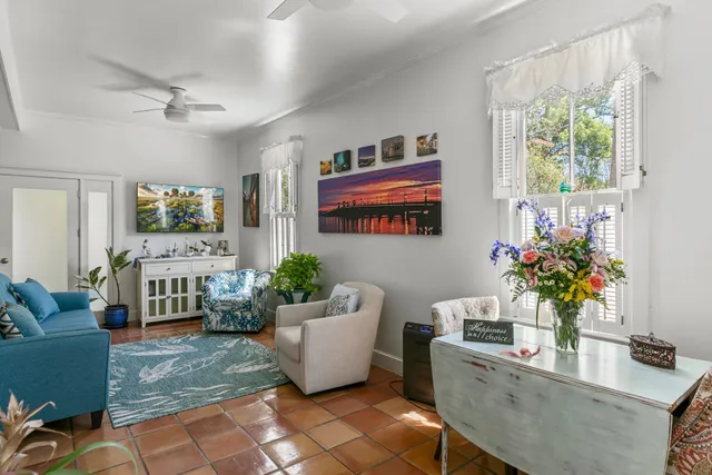a living room with furniture and a potted plant