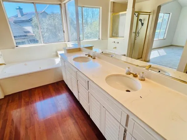 a bathroom with a double vanity sink a mirror and a bathtub