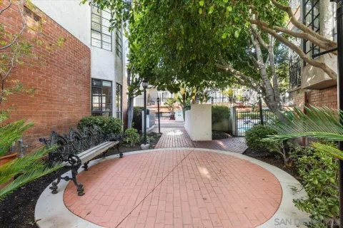 a view of backyard with a patio and plants
