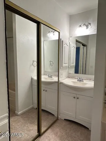 a bathroom with a double vanity sink mirror and shower
