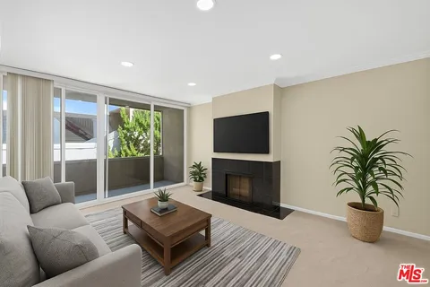 a living room with furniture potted plant and a fireplace