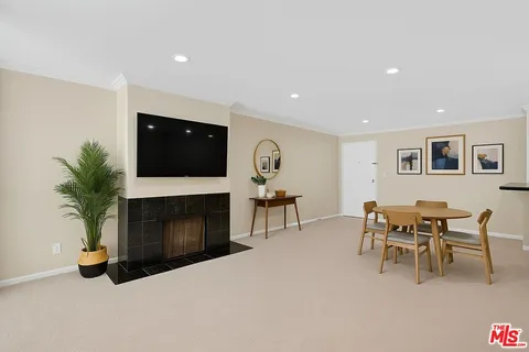 a living room with furniture a fireplace and a potted plant