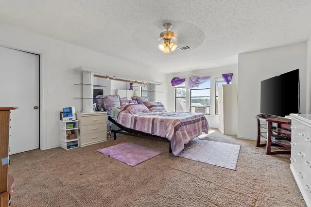 a living room with a couch and a potted plant on a dresser