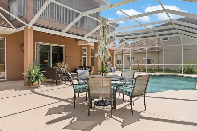 an aerial view of a swimming pool