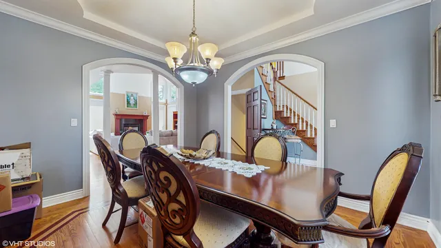 a view of a dining room with furniture