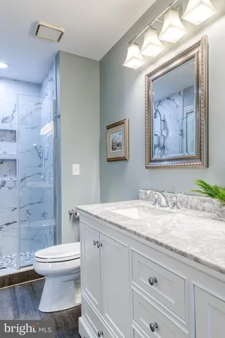 a bathroom with a granite countertop toilet a sink and a painting