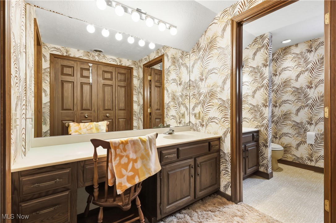 7014 River Styx Road Medina, OH 44256 - Photo 25 of 49 Bathroom with wallpapered walls, vanity, and light colored carpet