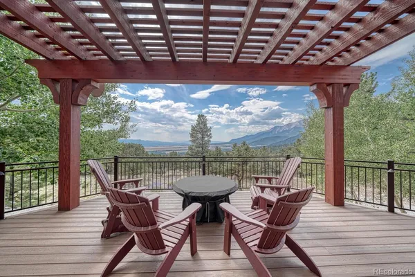 a view of a chairs in wooden deck