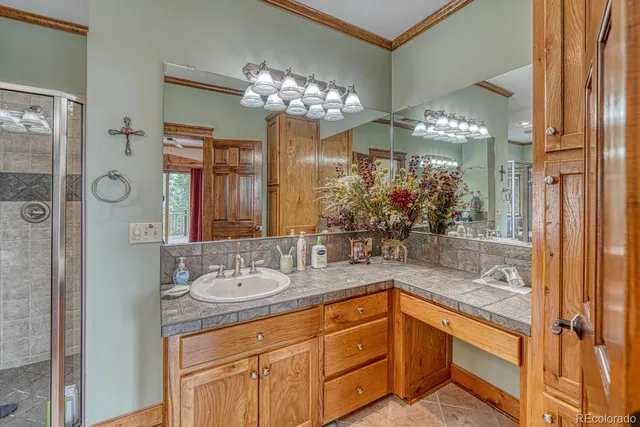a bathroom with a granite countertop sink a mirror and a shower