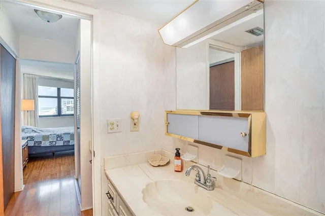 a bathroom with a sink and a mirror