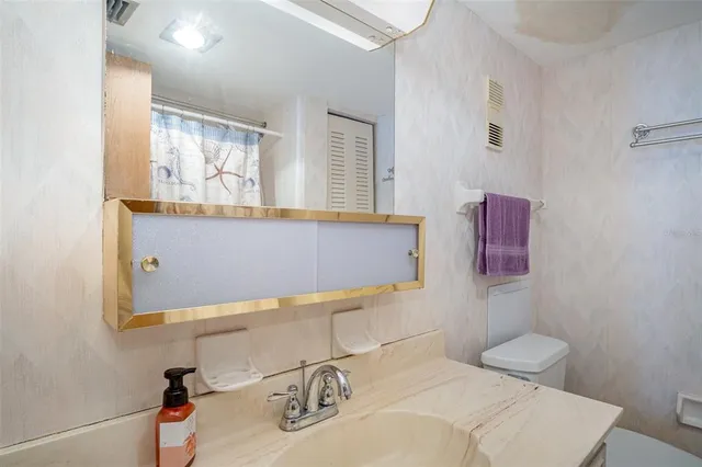 a bathroom with a sink toilet and mirror