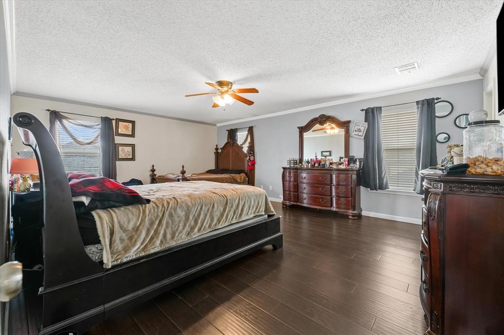 1818 Cedar Ridge Drive Mesquite, TX 75181 - Photo 13 of 21 Bedroom with dark wood-type flooring, ornamental molding, ceiling fan, multiple windows, and a textured ceiling