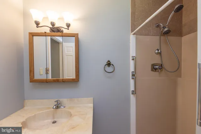 a bathroom with a sink a mirror and shower