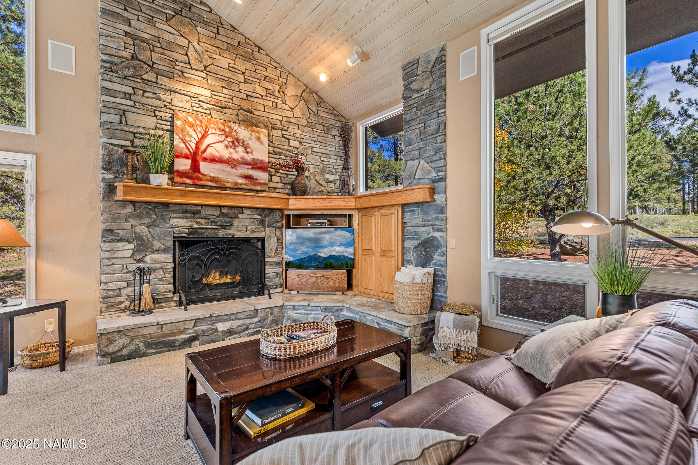 2252 Link Smith Flagstaff, AZ 86005 - Photo 10 of 53 a living room with furniture a fireplace and a floor to ceiling window