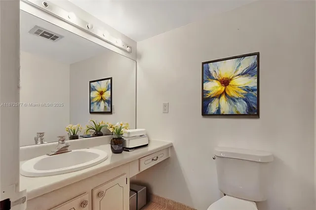 a bathroom with a sink mirror vanity and toilet