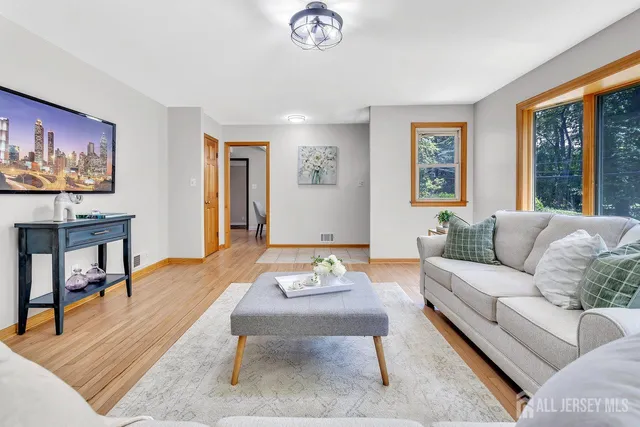 a living room with furniture a rug and a window