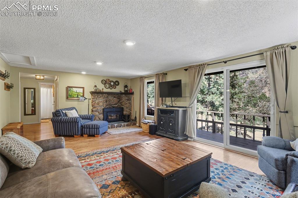 10145 Chipita Park Road Cascade, CO 80809 - Photo 18 of 33 Living area with hardwood floors, walkout door to patio, and a fireplace