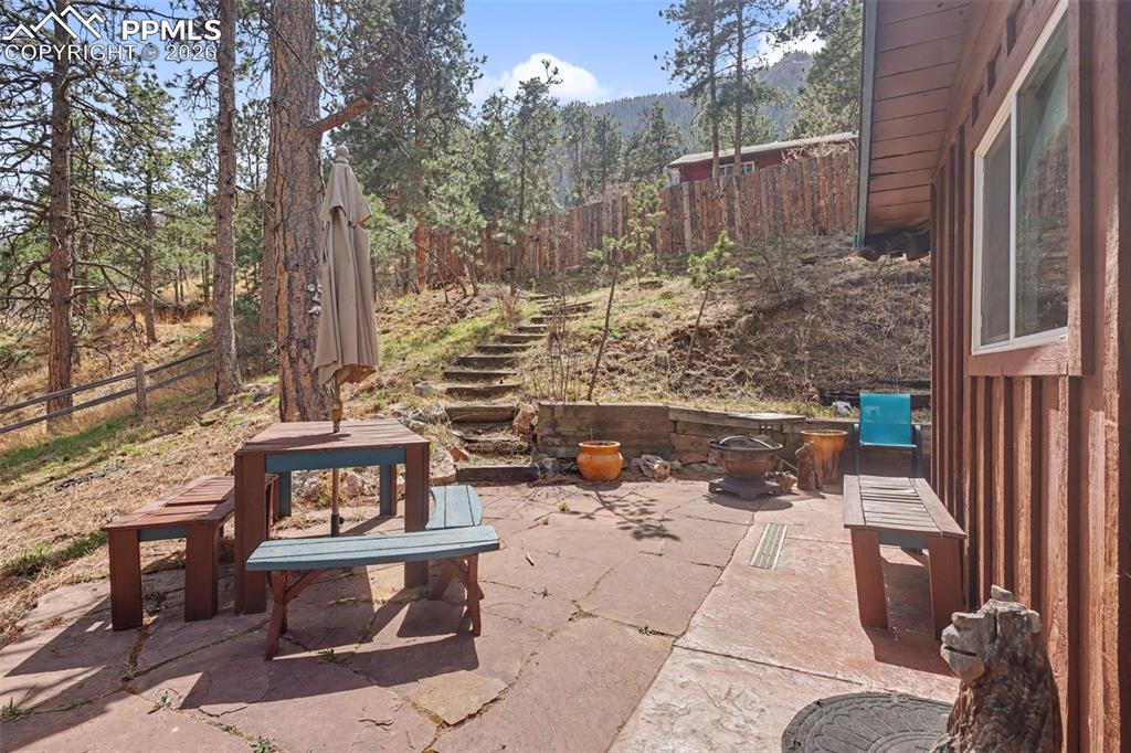 10145 Chipita Park Road Cascade, CO 80809 - Photo 25 of 33 View of side patio with an outdoor fire pit