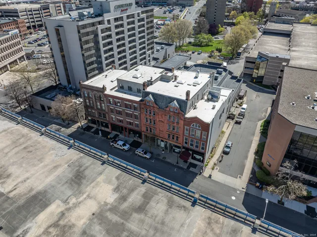 an aerial view of a building with entryway