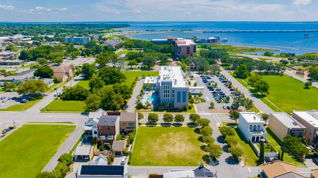 an aerial view of residential houses with outdoor space and trees