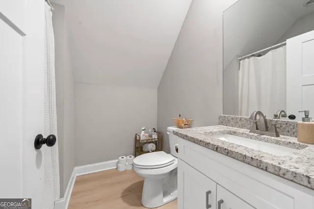 a bathroom with a granite countertop sink a toilet and a mirror