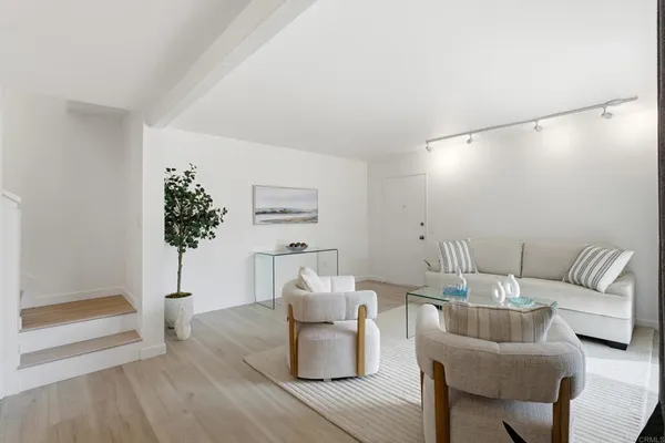 a living room with furniture and a potted plant