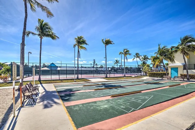 a view of a swimming pool with a lawn chairs and palm tree