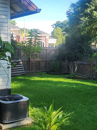 a view of a backyard with plants and a patio