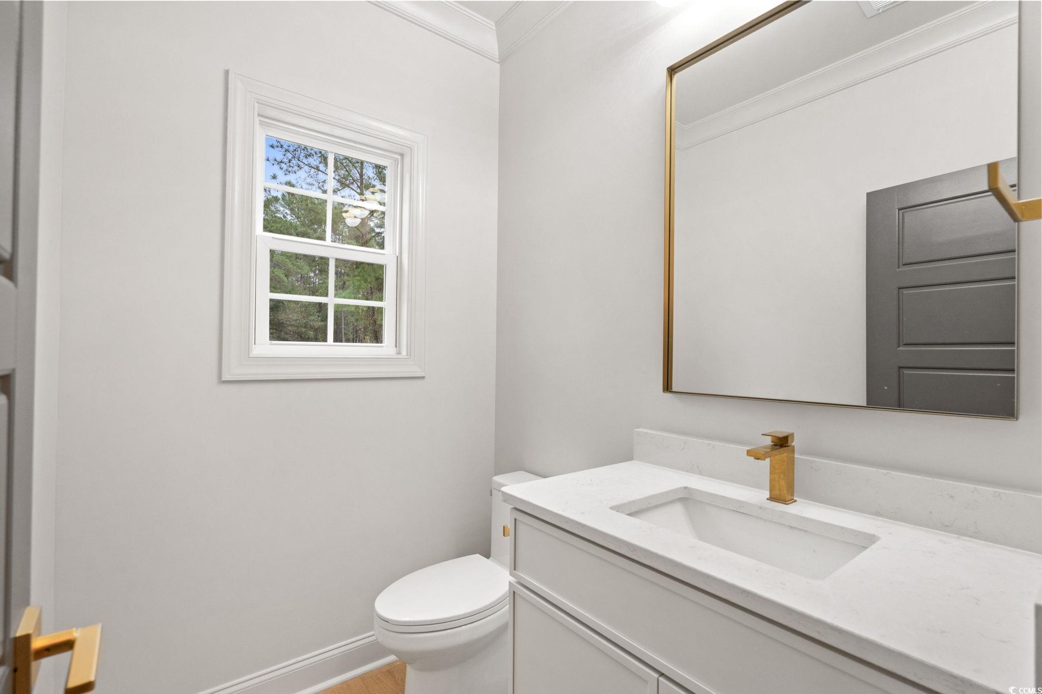 144 Arbor Ridge Circle Conway, SC 29526 - Photo 36 of 40 Half bath featuring vanity, ornamental molding, and wood finished floors