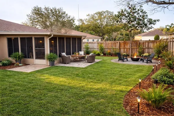 a front view of house with outdoor seating and green space