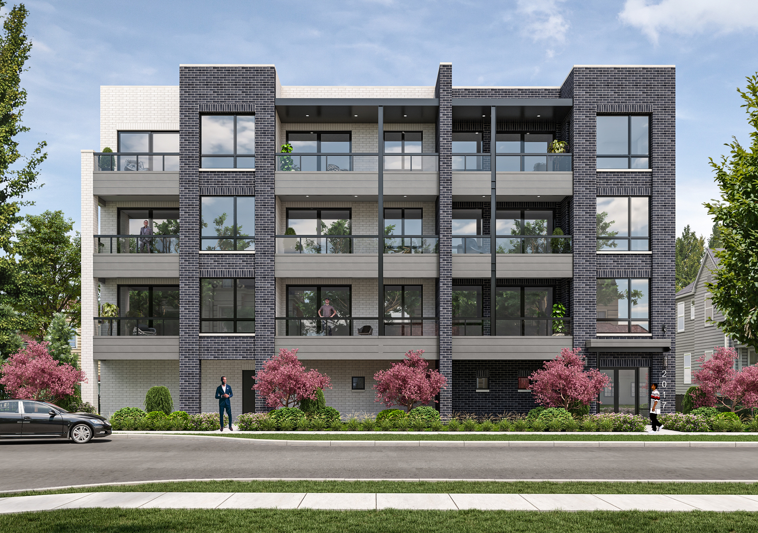 a front view of building with yard