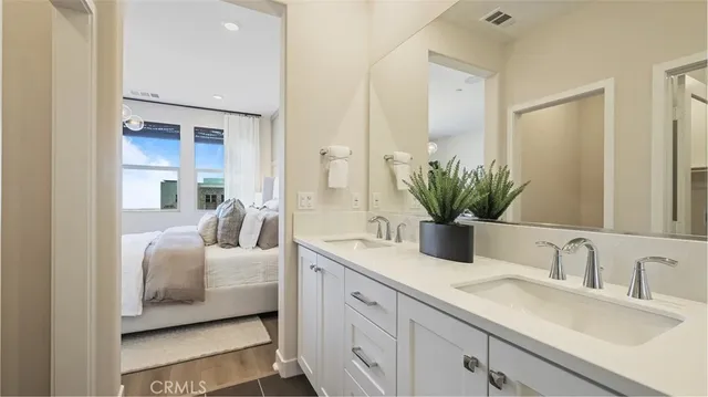 a bathroom with a double sink a faucet a potted plant and a mirror