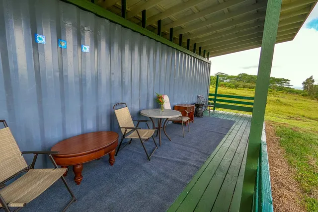 a view of a backyard with furniture and a garden