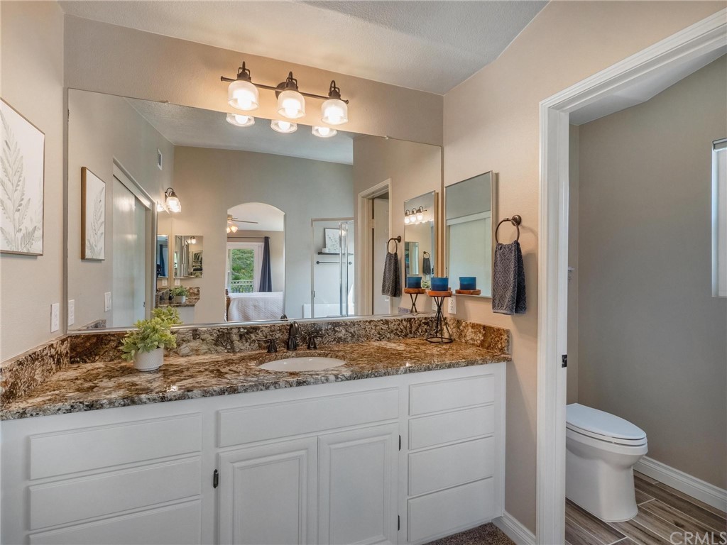 2 Whippoorwill Road Trabuco Canyon, CA 92679 - Photo 33 of 57 a bathroom with a granite countertop sink a toilet and a mirror