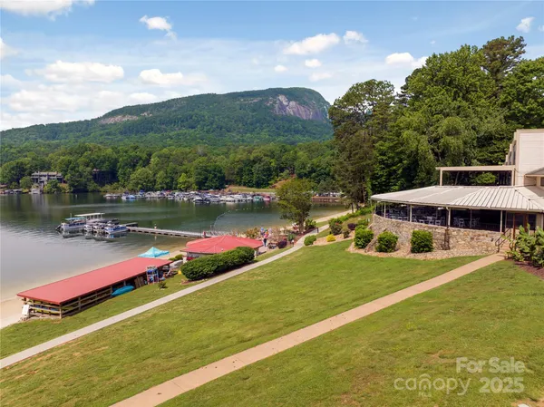 a view of a lake with a mountain in the background