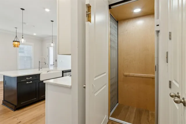 a view of a park with large trees