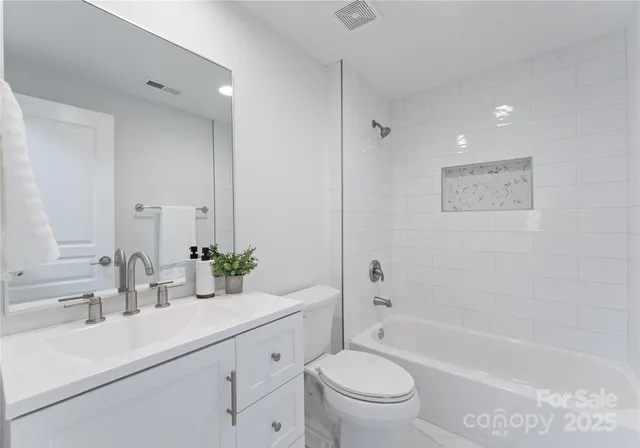 a bathroom with a toilet a sink a mirror a bathtub and vanity