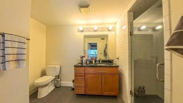 a bathroom with a toilet a sink a mirror a shower and vanity