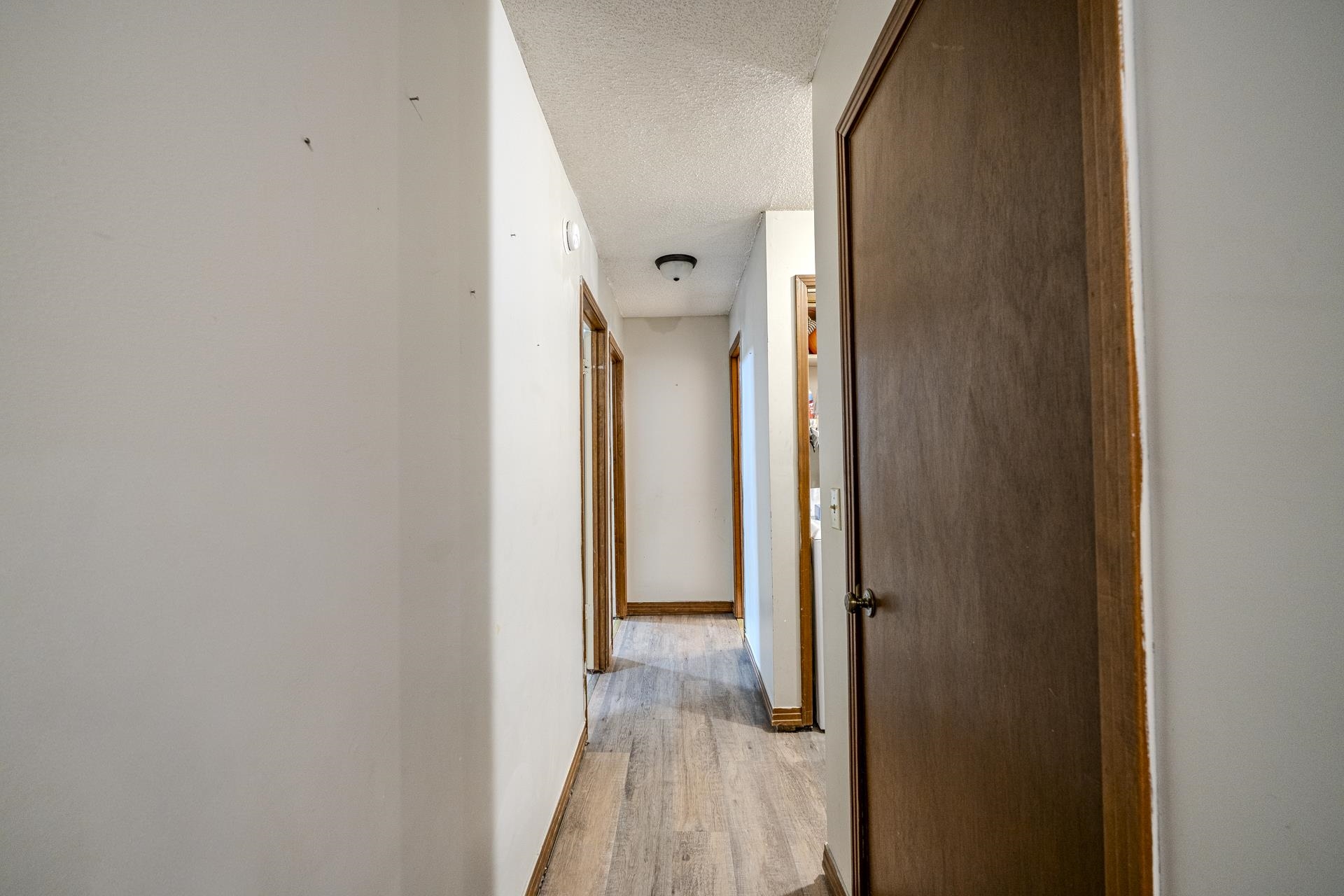 259 Oakview Drive Adamsville, TN 38310 - Photo 16 of 32 Hallway featuring wood-finish flooring, white walls, and dark wood doors with matching trim