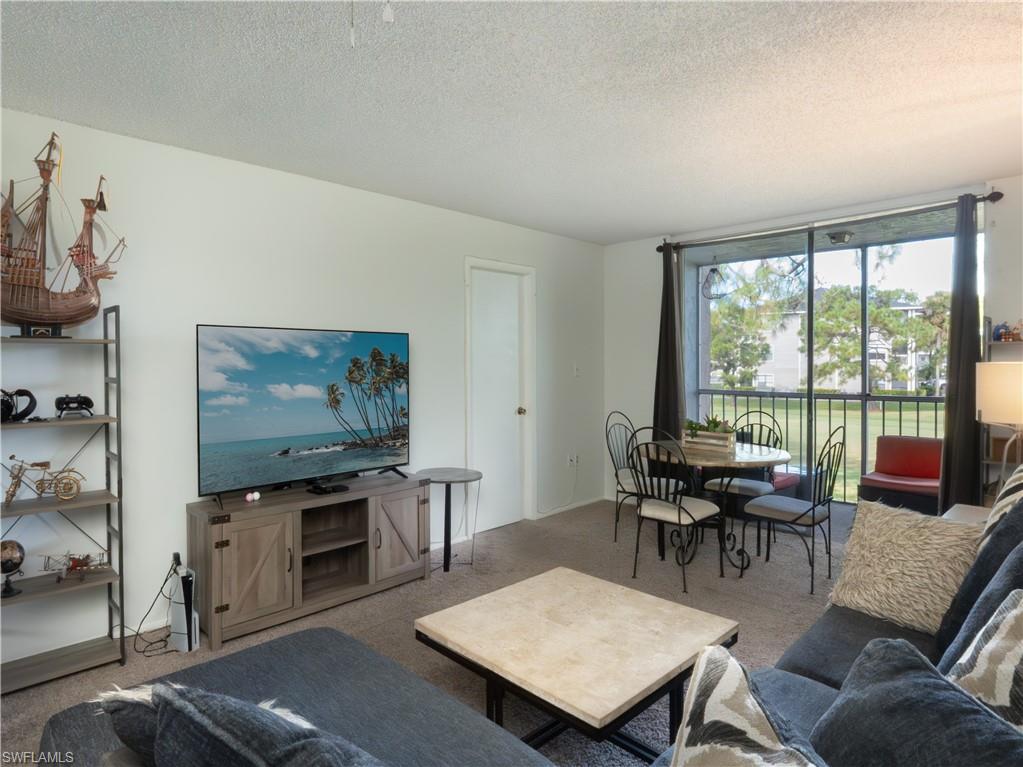 180 Turtle Lake Court, Unit 209 Naples, FL 34105 - Photo 9 of 12 a living room with furniture a flat screen tv and a floor to ceiling window