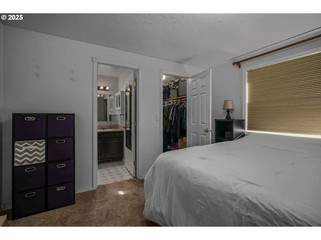 a bedroom with a bed and a closet