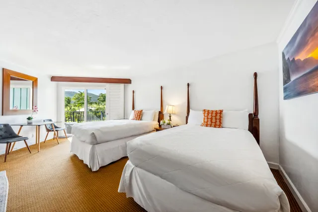 a bedroom with two beds and a large window