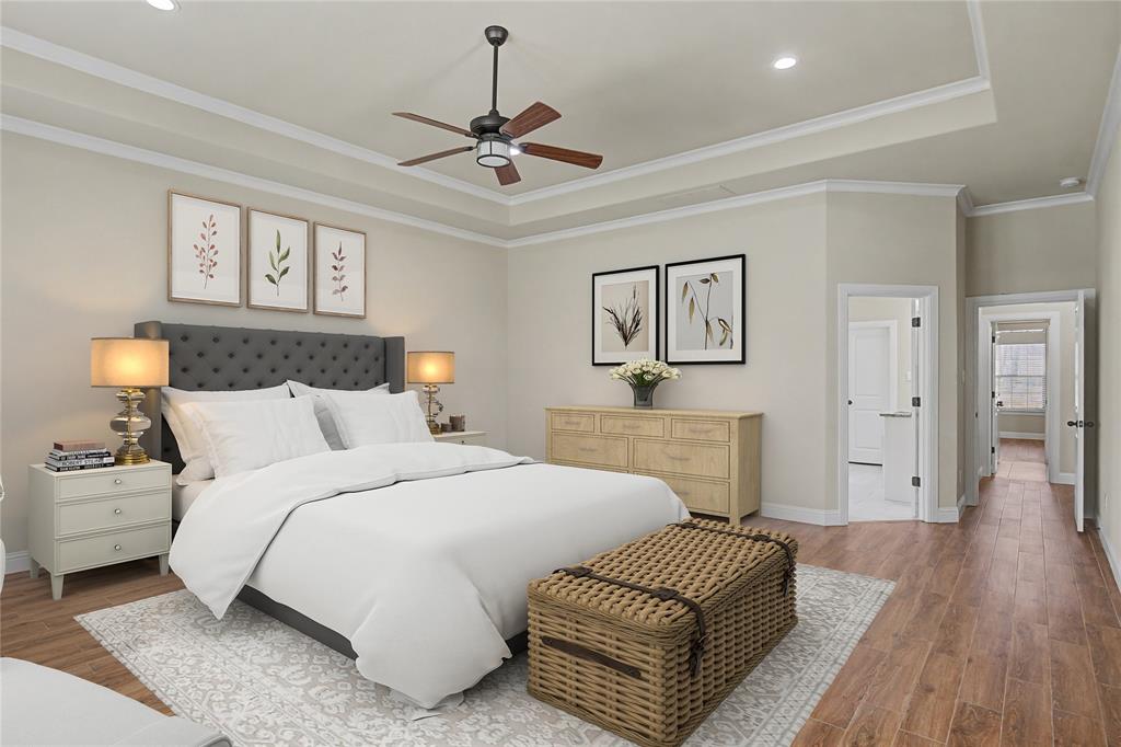 143 Wrigley Drive Springtown, TX 76082 - Photo 8 of 40 Virtually Staged - Bedroom featuring wood-finish flooring, a tray ceiling with crown molding, and a ceiling fan