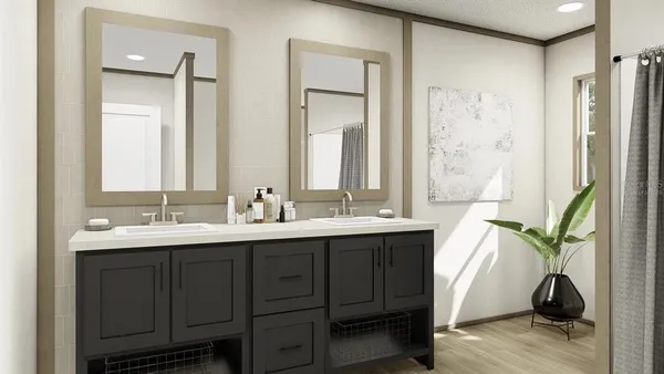 a bathroom with a double vanity sink and a mirror
