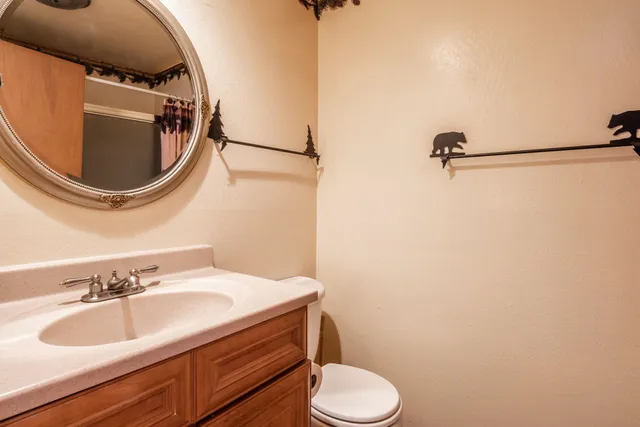 a bathroom with a sink a toilet and a mirror