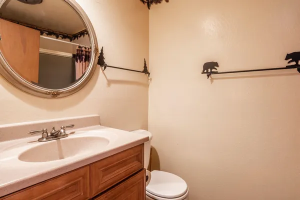 a bathroom with a sink a toilet and a mirror