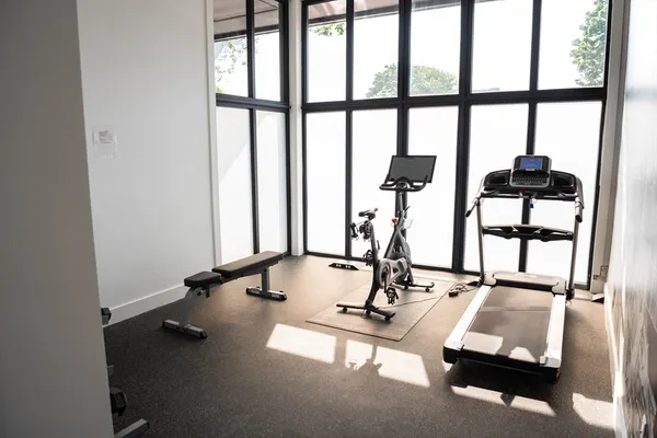a bedroom with a bed and gym equipment