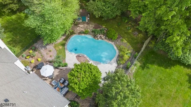 an aerial view of a house with a yard and large trees