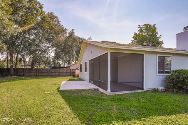 a view of a backyard with potted plants and large tree