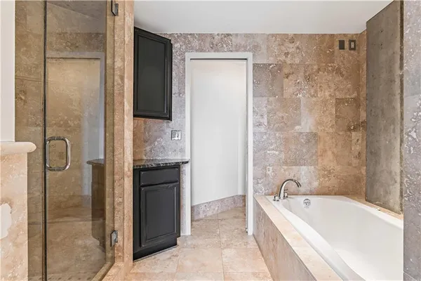 a bathroom with a bathtub and a shower